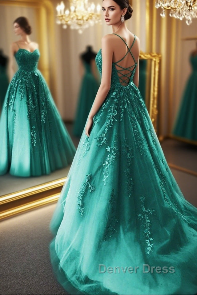 Fashion Green Lace Appliques Open Back Tulle Long Prom Dress, Green Lace Prom Dress, Green Prom Dresses