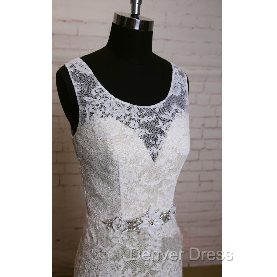 Fashion Ivory Lace Elegant Scoop Neck Open Back Vintage Column Sweep Trailing Wedding Dresses, Secondary image