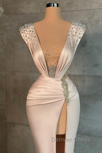 Fashion Long V Neck Split Front Mermaid Prom Dresses With Rhinestones