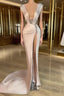 Fashion Long V Neck Split Front Mermaid Prom Dresses With Rhinestones