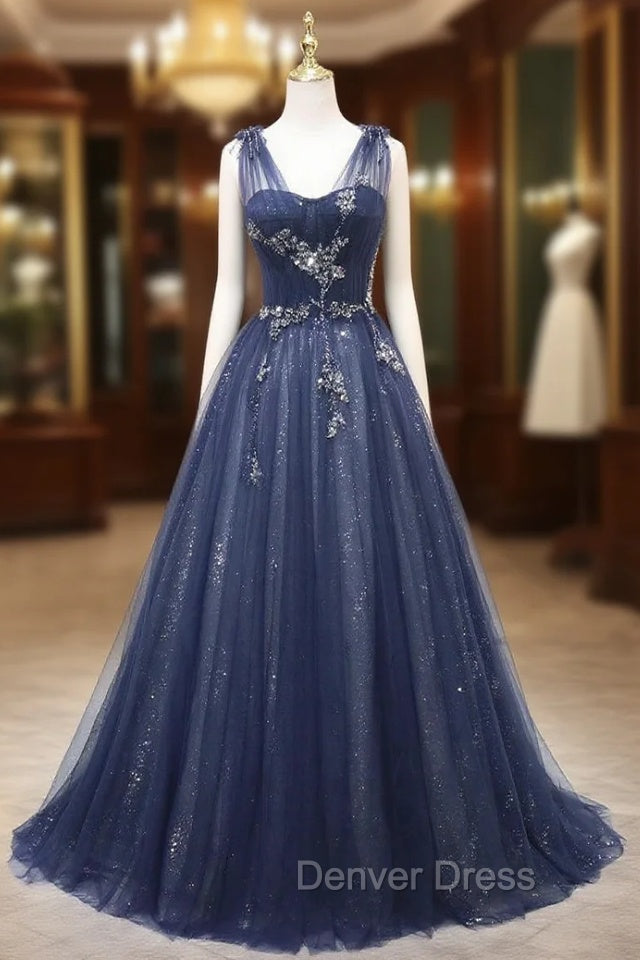 Fashion Navy Blue Tulle Sequins V Neck Prom Dresses