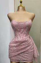 Fashion Pink Strapless Bodycon Short Prom Dress Glitter Sequin Homecoming Dresses