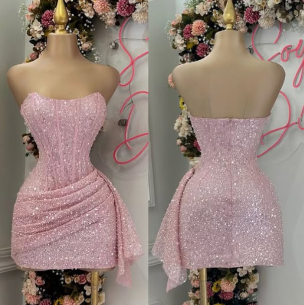 Fashion Pink Strapless Bodycon Short Prom Dress Glitter Sequin Homecoming Dresses