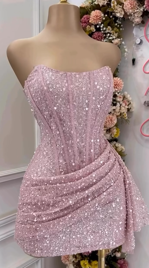 Fashion Pink Strapless Bodycon Short Prom Dress Glitter Sequin Homecoming Dresses Main image