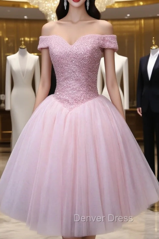 Fashion Pink Tulle Off the Shoulder Beading Homecoming Dresses