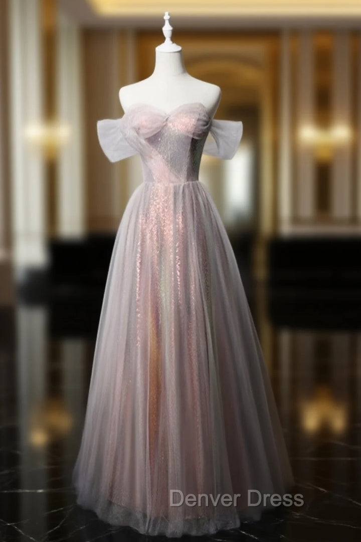 Fashion Pink Tulle Sequins Off the Shoulder Prom Dresses
