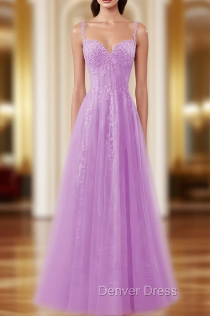 Fashion Purple Tulle Spaghetti Straps Appliques Prom Dresses