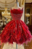 Fashion Red Feather Sequined Cocktail Dress Spaghetti Straps Short Prom Gown Luxurious Homecoming Dresses
