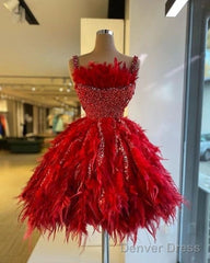 Fashion Red Feather Sequined Cocktail Dresses Spaghetti Straps Short Party Gowns Luxurious Homecoming Dress