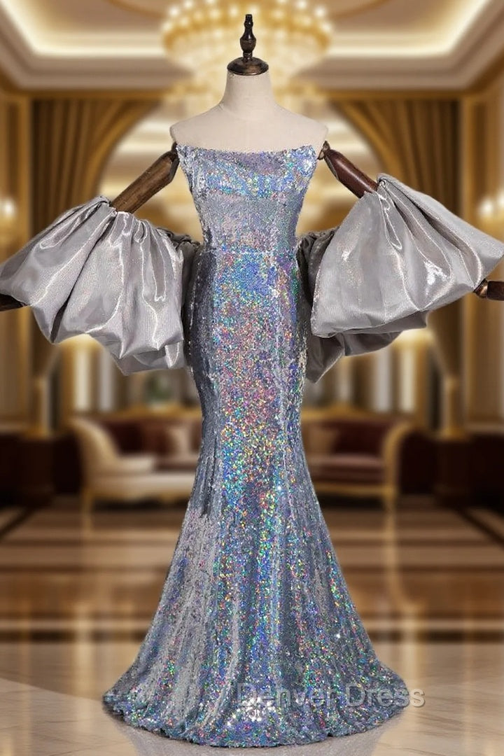 Fashion Silver Mermaid Sequins Strapless Prom Dresses
