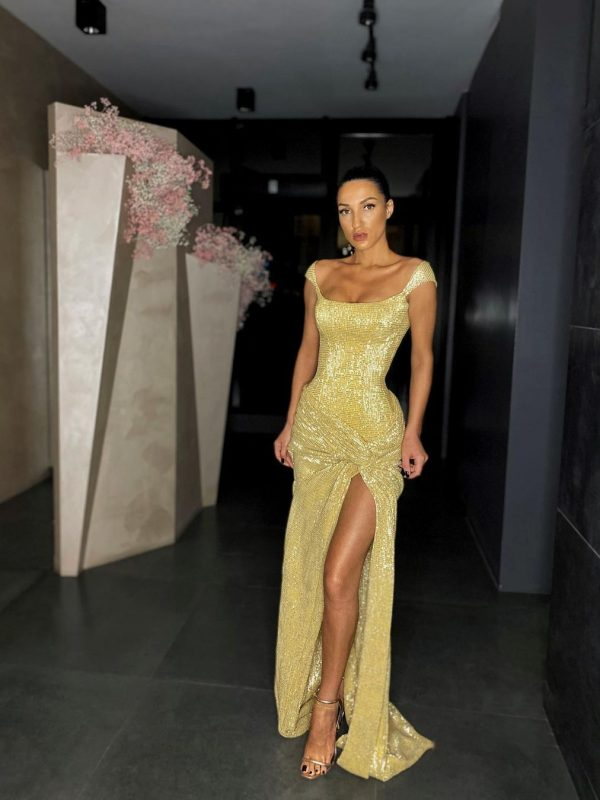 Yellow Shiny Sequins Long Fashion Sleeveless Slit Sexy Ball Gowns Prom Dresses Secondary image