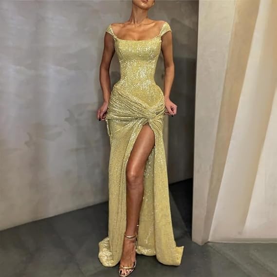 Yellow Shiny Sequins Long Fashion Sleeveless Slit Sexy Ball Gowns Prom Dresses