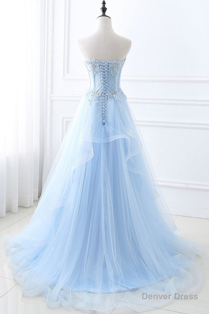 Fashion Sweetheart Long Tulle Sky Blue Prom Party Gowns with Sequins Secondary image