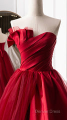 Fashion Tulle Satin Long Evening Dresses Red Prom Dresses