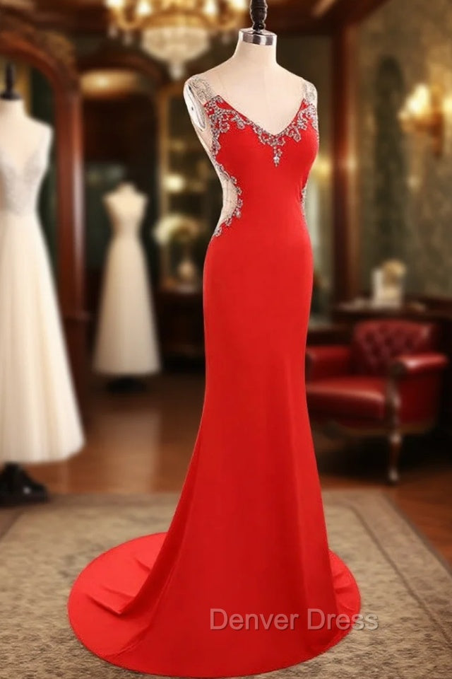 Fashion V Neck Mermaid Satin Lace Beaded Red Long Prom Dresses Main image
