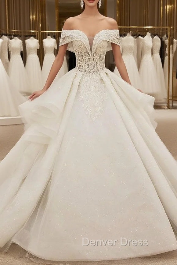 Fashion White Ball Gowns Tulle Off the Shoulder Wedding Dresses With Beading