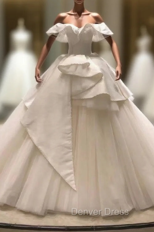 Fashion White Tulle Satin Off the Shoulder Wedding Dresses Main image