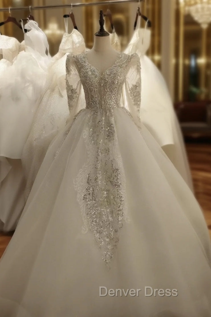 Fashion White Tulle V-neck Long Sleeve Beading Wedding Dresses Main image