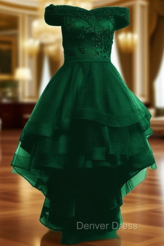 Fashionable Dark Green High Low Tulle with Lace Homecoming Dresses, Green Party Dresses Main image