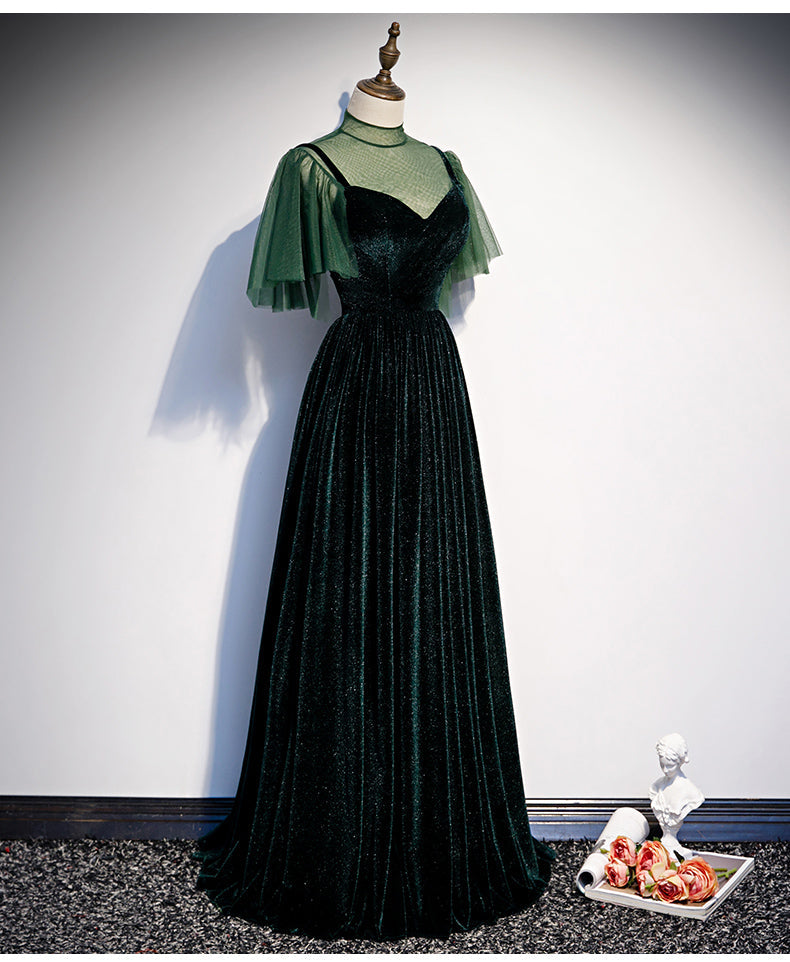 Fashionable Dark Green Velvet Long Prom Gowns, Green Bridesmaid Dresses