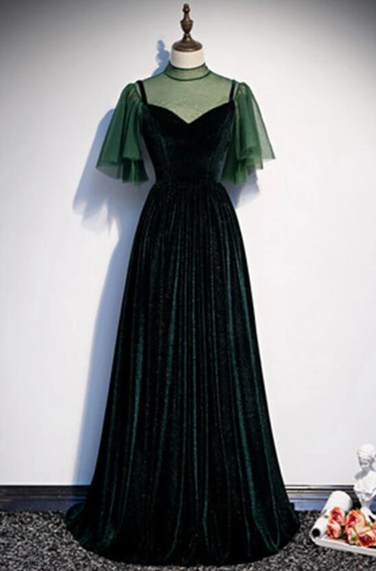 Fashionable Dark Green Velvet Long Prom Gowns, Green Bridesmaid Dresses