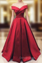 Fashionable Dark Red Satin Simple Off Shoulder Prom Dresses, Red Party Dresses Evening Dresses