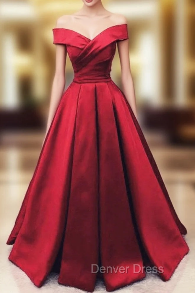 Fashionable Dark Red Satin Simple Off Shoulder Prom Dress, Red Prom Dress Main image