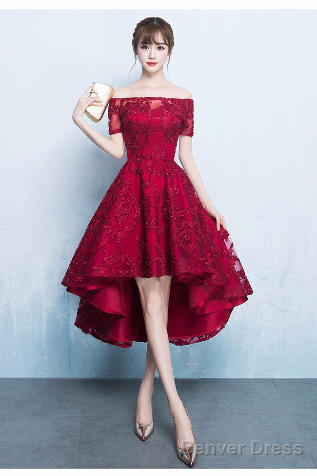 Fashionable High Low Dark Red Lace Party Dress, Homecoming Dresses