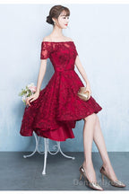 Fashionable High Low Dark Red Lace Party Dress, Homecoming Dresses