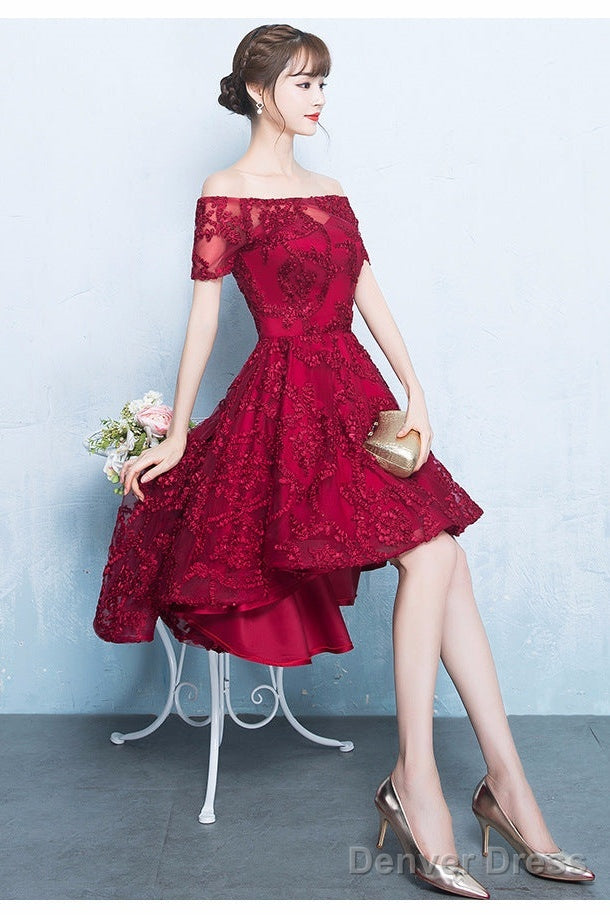 Fashionable High Low Dark Red Lace Party Dress, Homecoming Dresses