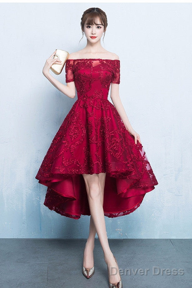 Fashionable High Low Dark Red Lace Prom Dress, Homecoming Dresses Main image