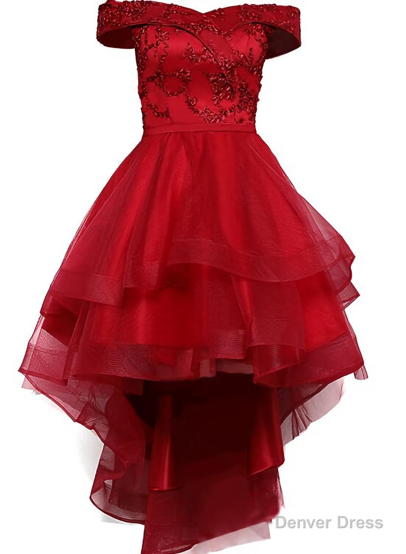 Fashionable High Low Prom Dress, Red Off Shoulder Homecoming Dresses