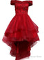 Fashionable High Low Prom Dress, Red Off Shoulder Homecoming Dresses