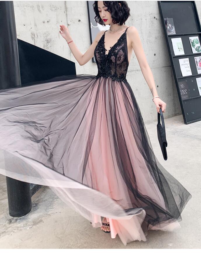 Fashionable Pink And Black Tulle V-Neckline Prom Dresses, Pink Lace Applique Prom Gowns Secondary image
