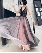 Fashionable Pink And Black Tulle V-Neckline Prom Dresses, Pink Lace Applique Prom Gowns