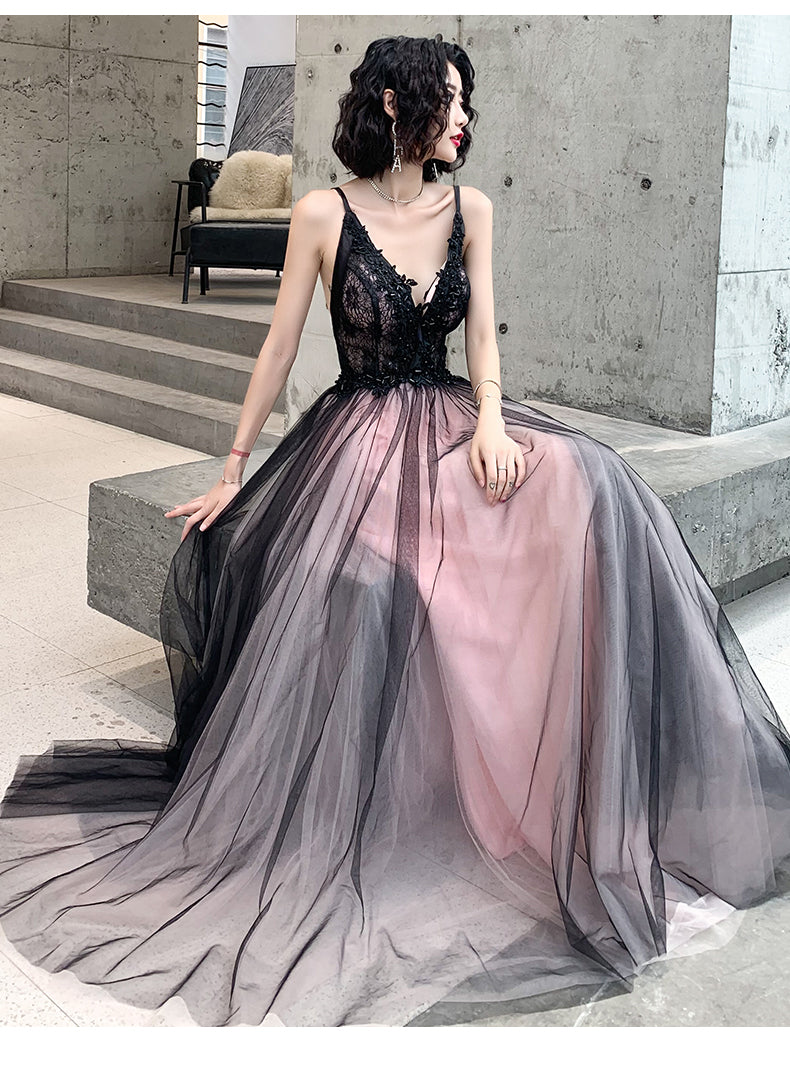Fashionable Pink And Black Tulle V-Neckline Prom Dresses, Pink Lace Applique Prom Gowns Main image