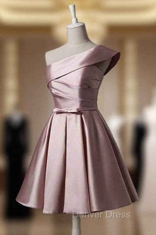 Fashionable Pink Knee Length Satin Short Prom Dress, One Shoulder Bridesmaid Dresses