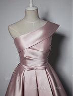 Fashionable Pink Knee Length Satin Short Prom Dress, One Shoulder Bridesmaid Dresses