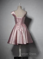 Fashionable Pink Knee Length Satin Short Prom Dress, One Shoulder Bridesmaid Dresses