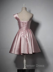 Fashionable Pink Knee Length Satin Short Prom Dresses, One Shoulder Bridesmaid Dresses