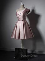 Fashionable Pink Knee Length Satin Short Prom Dress, One Shoulder Bridesmaid Dresses