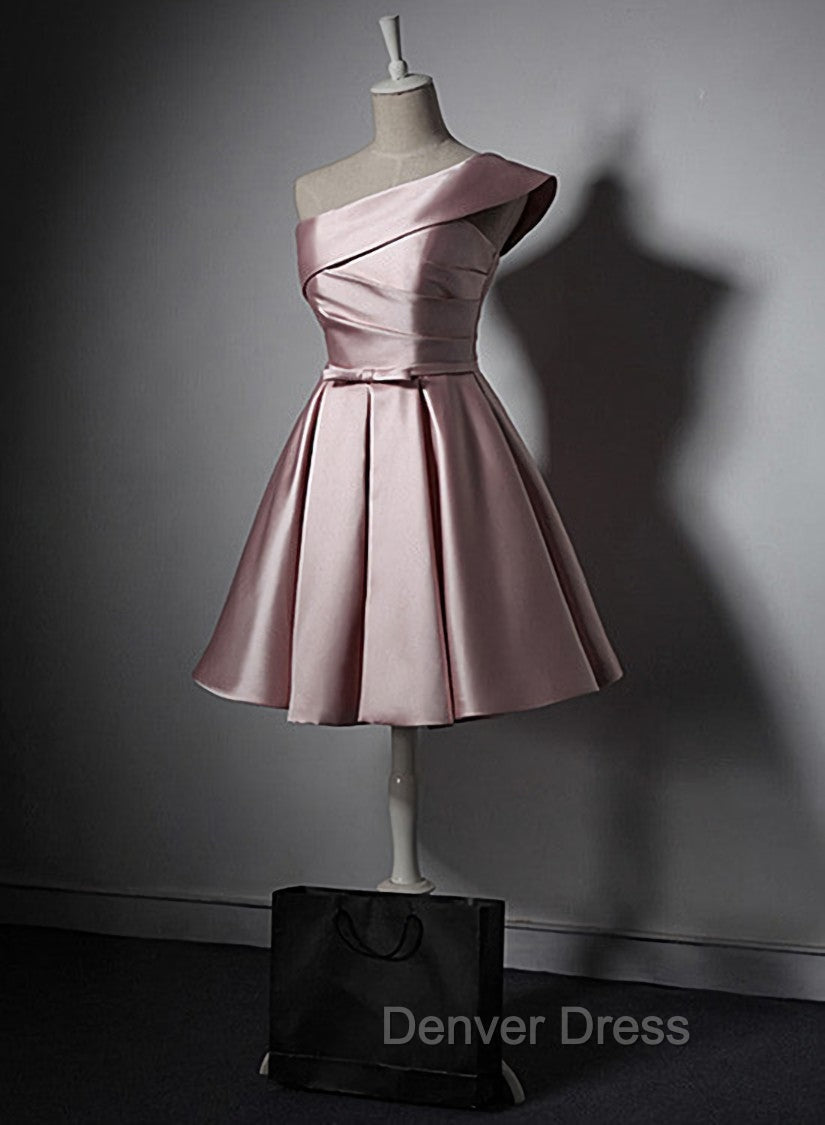 Fashionable Pink Knee Length Satin Short Prom Dress, One Shoulder Bridesmaid Dresses