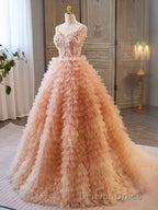 Unique V Neck Tulle Sequin Orange Pink Long Prom Dresses, Orange Pink Sweet 16 Dresses