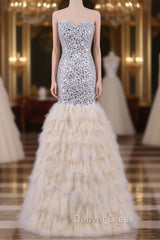 Feather Mermaid Evening Dresses Crystals Bling Prom Party Dresses