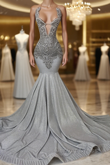 Silver Halter Mermaid Prom Dresses with Beadings