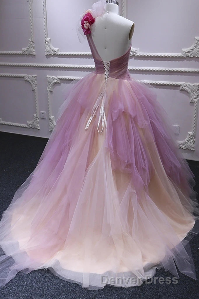 Puffy One Shoulder Sleeveless Tulle Prom Dress with Flowers, Ruffles Quinceanera Dresses