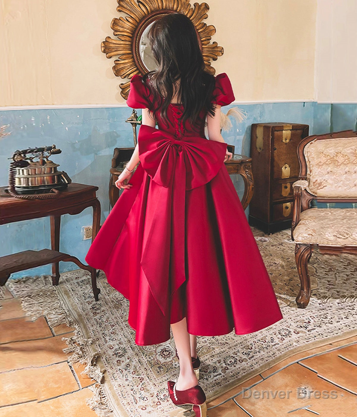 Burgundy Satin Short Prom Dress, Cute A-Line Party Dress with Bow Secondary image