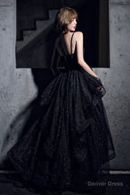 Black Simple v neck tulle long prom Dress A Line Prom Dresses