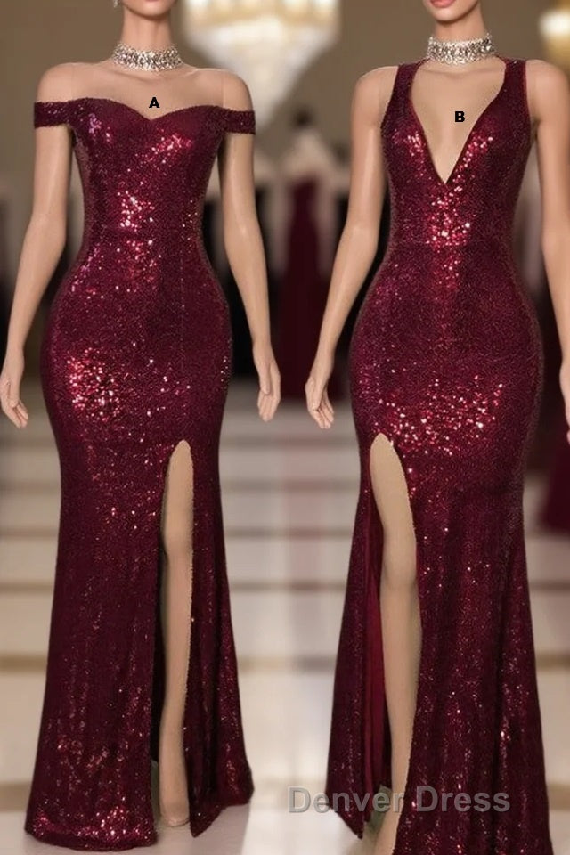 Long Mermaid Burgundy Sequin Prom Dresses Glitter Split Prom Gowns Main image