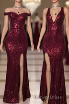 Long Mermaid Burgundy Sequin Prom Dresses Glitter Split Prom Gowns